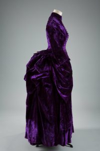 Dress, silk crushed velvet, circa 1887, England, museum purchase.